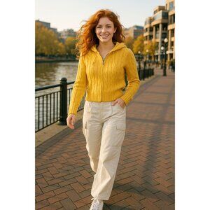 Abercrombie & Fitch Yellow Cable Knit Wool Hoodie Sweater Size Large